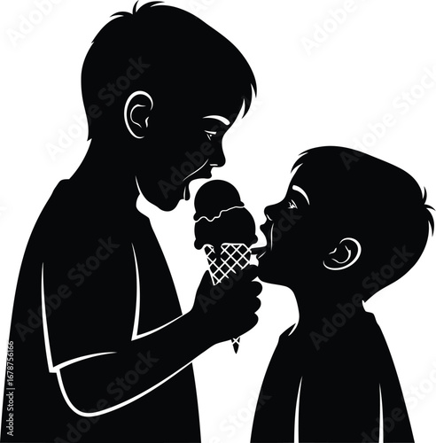 Boy sharing ice cream with younger brother, a black silhouette capturing a sweet moment