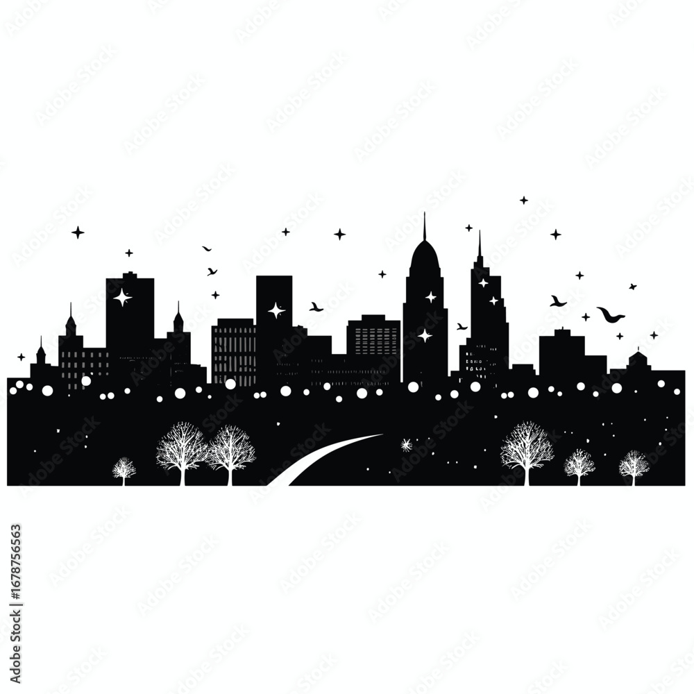 Fototapeta premium Black silhouette of a city skyline with trees and a road