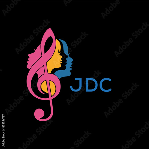 JDC "Colorful Female Silhouettes with Treble Clef Music Symbol on Black Background – JDC Later Logo, Empowerment, Diversity & Art Concept"
