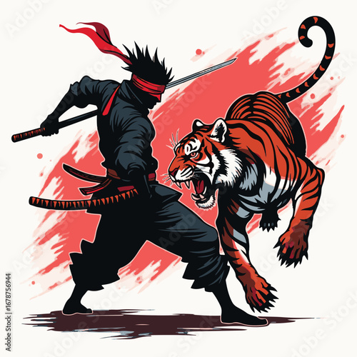 tiger with a red scarf ninja fighting  100% fully editable vector file.