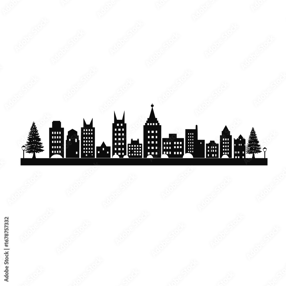 Fototapeta premium Black silhouette of a city skyline with trees