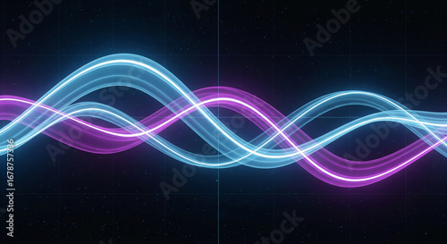 A mesmerizing and dynamic abstract background featuring two intertwined, flowing waves of neon light