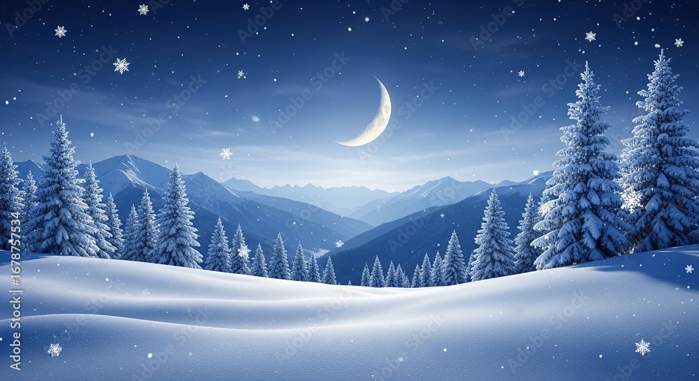 Naklejka premium Serene Winter Night: Snow-Covered Mountains, Crescent Moon, Falling Snow, Dreamy Atmosphere.