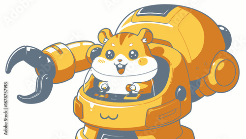 Hamster piloting a cute futuristic robot with grabber claws cartoon illustration