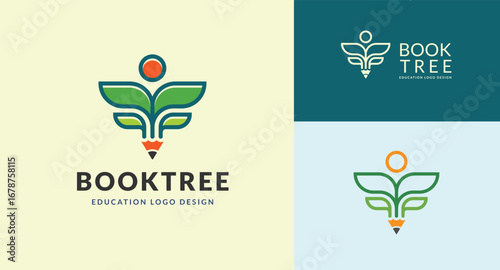 Creative Book Tree Education Logo Design with Person and Pencil.