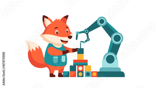 Fox robot engineering playful construction building blocks cartoon vector illustration