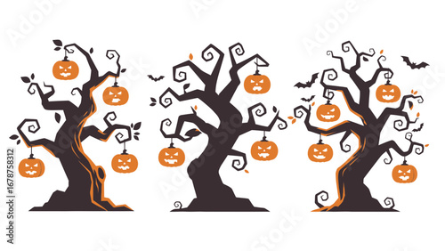 Spooky Halloween Trees with Pumpkins and Bats Vector Illustration