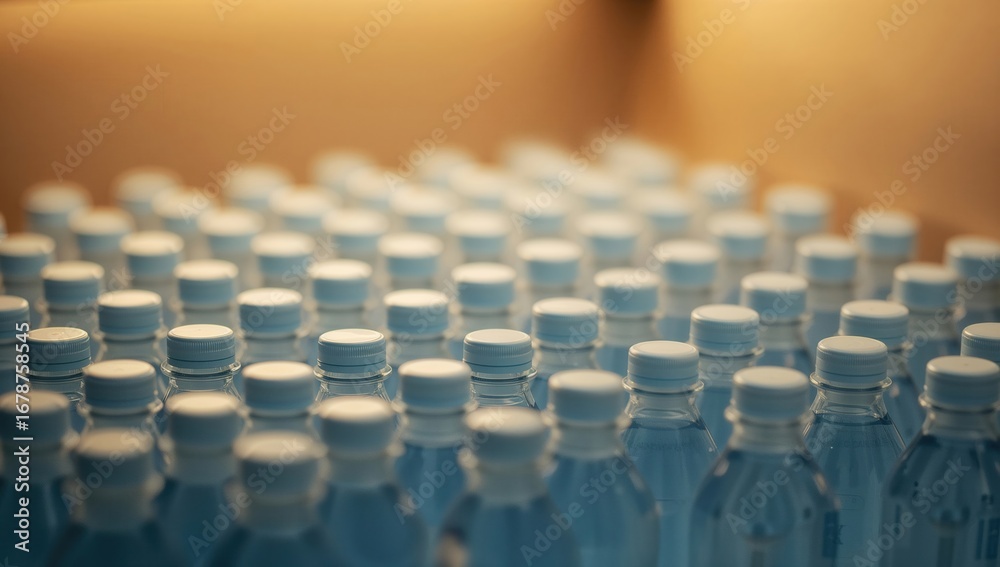 Fototapeta premium A close-up of neatly arranged blue-tinted plastic water bottles in a smooth gradient background