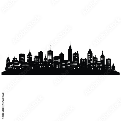 Black silhouette of a sprawling city skyline at dusk