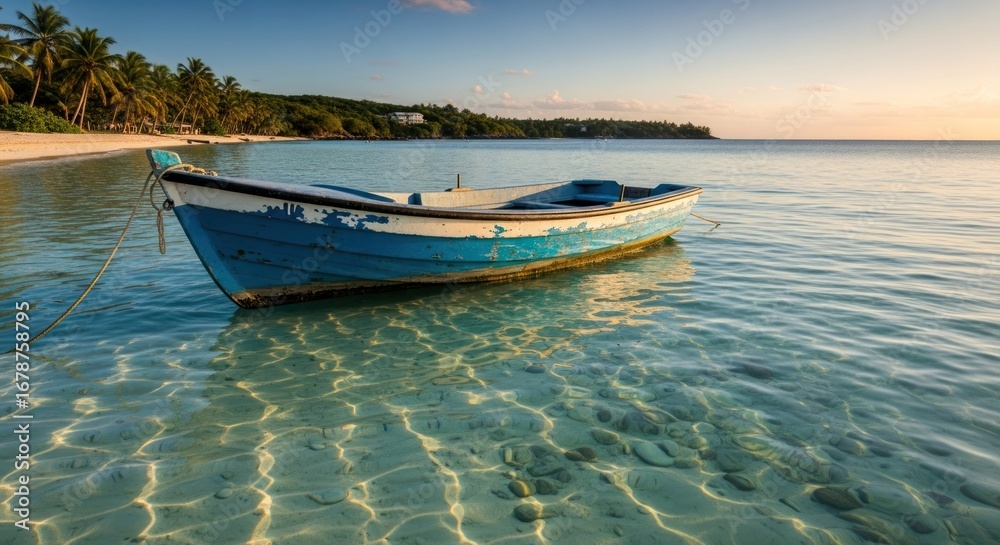 Naklejka premium Serene beach scene with a weathered boat floating in crystal-clear water