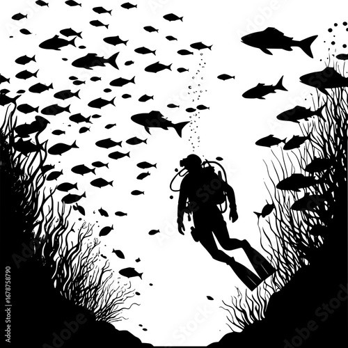 Scuba diver exploring vibrant underwater world with fish school