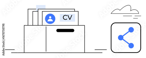 Box containing resumes with user profile icons next to a network sharing icon connected by a cloud element. Ideal for recruitment, HR, job search, data management, networking, cloud storage, simple