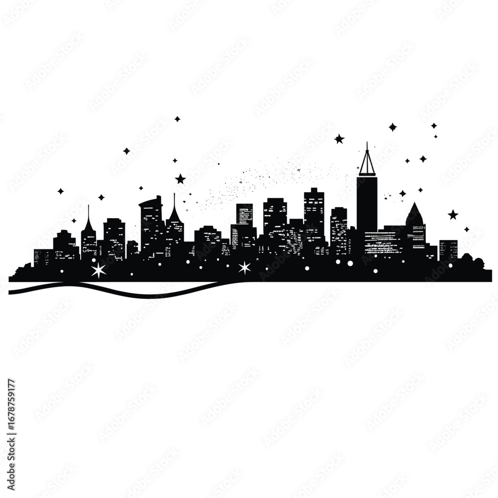 Fototapeta premium Abstract silhouette of a city skyline with scattered dots