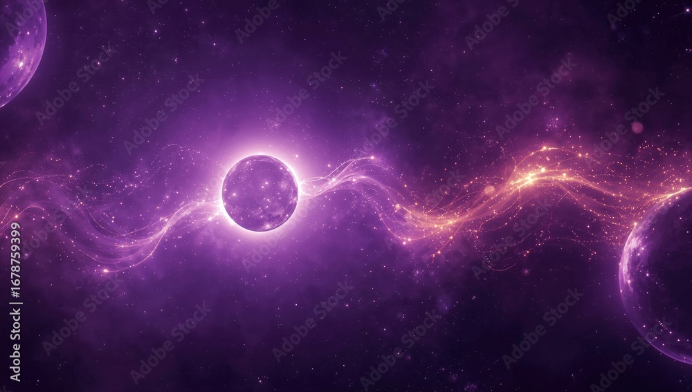 Fototapeta premium Stunning cosmic scene featuring swirling purple and violet nebulas, glowing celestial bodies, and sparkling stars