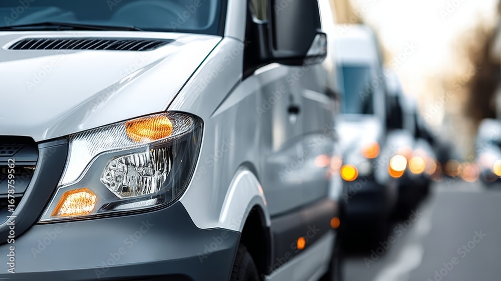 Fototapeta premium White commercial minivans parked in a row symbolize efficient logistics and delivery services.