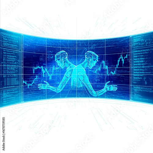 Futuristic digital stock market screen with AI-powered trading bots analyzing candlestick charts, glowing blue and green neon