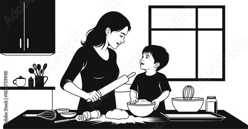 Mother and son baking together in kitchen, sharing a loving moment while preparing food