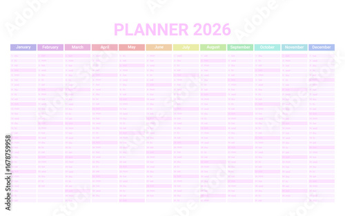 Planner English calendar of 2026 year, template schedule calender with 12 vertical months on one page. Wall organizer, yearly planner template. Vector illustration