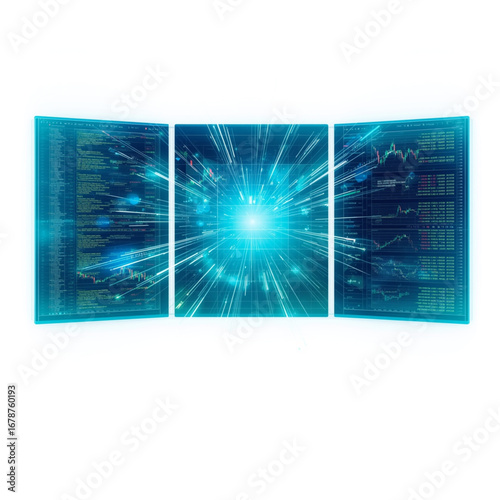 Futuristic digital stock market screen with AI-powered trading bots analyzing candlestick charts, glowing blue and green neon