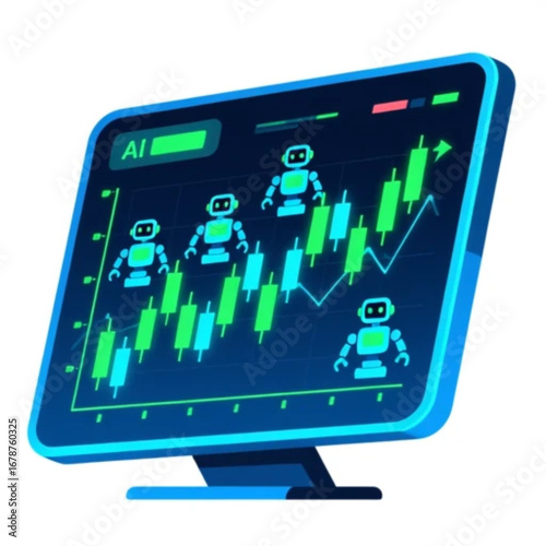 Futuristic digital stock market screen with AI-powered trading bots analyzing candlestick charts, glowing blue and green neon