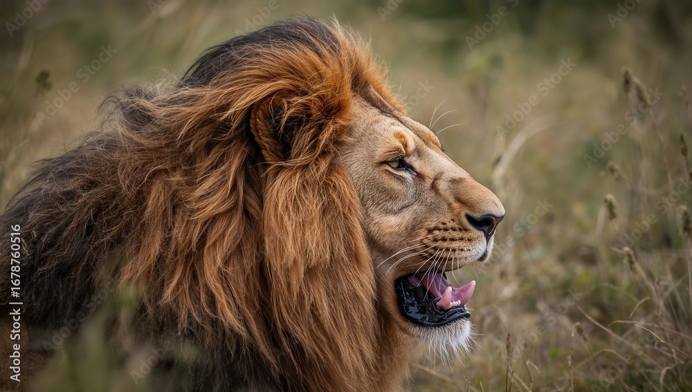 Obraz premium Close-up of a majestic lion shaking water droplets off its mane in a natural grassland ecosystem