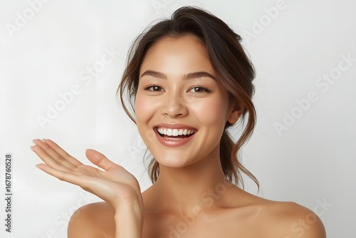 Skin care beauty woman showing empty palm with copy space for product.