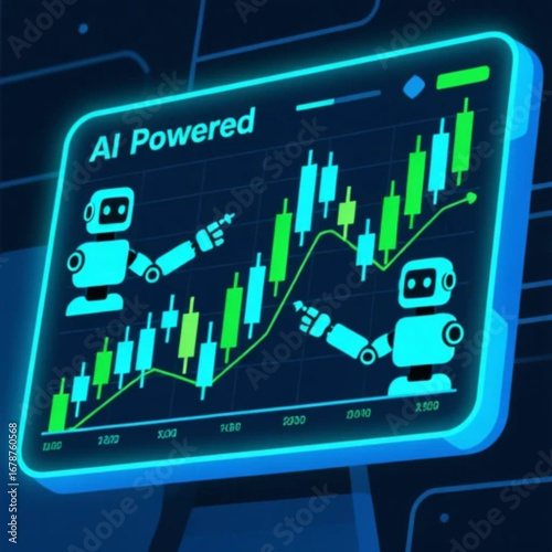 Futuristic digital stock market screen with AI-powered trading bots analyzing candlestick charts, glowing blue and green neon