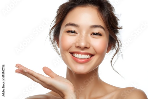 Skin care beauty woman showing empty palm with copy space for product.