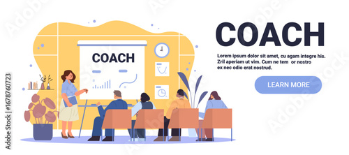 Coach business training seminar team meeting presentation female leader teaching group office interior charts clock plants modern workspace