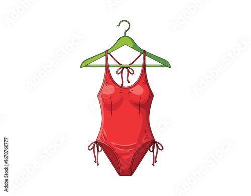 Crimson swimsuit. A one-piece swim suit hanging with strings on a green hanger. This vector illustration is perfect for themes like beach, pool, and women's swimwear.
