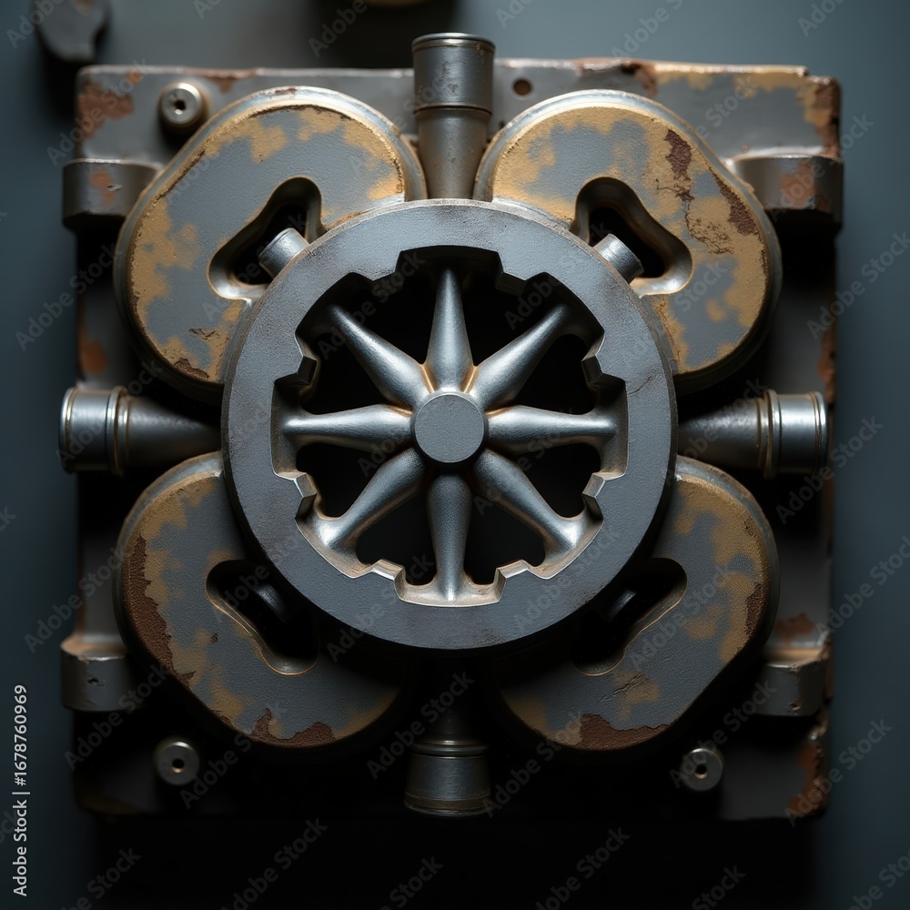 Fototapeta premium Top-down shot of metal stamping die with sharp engraved edges and textured mechanical housing.
