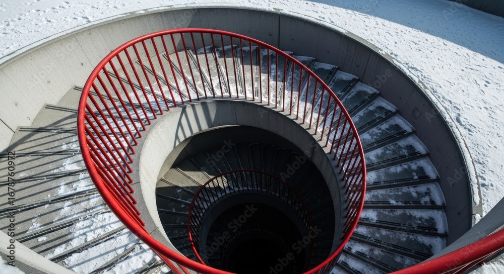 Fototapeta premium Spiral staircase with a bright red railing surrounded by snow