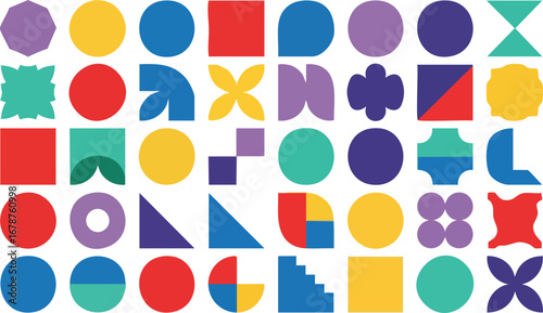 An arrangement of colorful geometric shapes, including circles, squares, triangles, and abstract forms, creating a vibrant and playful pattern on a white background.