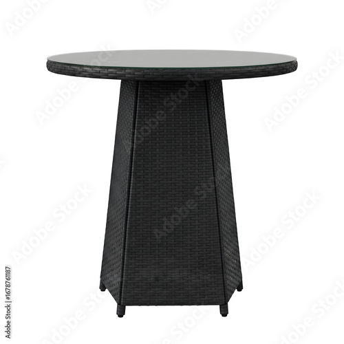 Dark rattan high top outdoor patio table with textured top isolated on transparent background