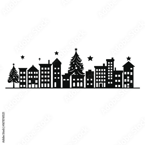 Black silhouette of a festive christmas village with a tall decorated tree