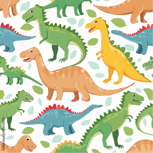 Dinosaur seamless pattern. Hand-drawn vector dinosaurs with background view. 