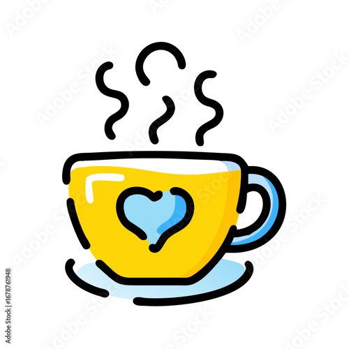 A charming vector illustration of a steaming yellow teacup with a blue heart, symbolizing a love for a warm and comforting beverage
