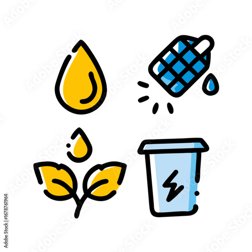 A detailed set of doodle-style icons representing diverse energy concepts like biofuel, solar power, electricity, and fossil fuel