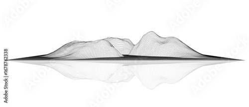 Vector landscape of mountains with reflection. Technology futuristic illustration. Vector background of wireframe 3d landscape.