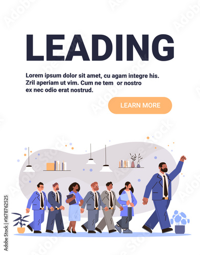 Leading business team leadership concept diverse group of professionals following confident male manager office interior plants modern workplace