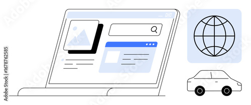 Laptop with search engine interface, global connectivity icon, and car outline. Ideal for technology, internet, connectivity, navigation, transportation, globalization and digital innovation themes