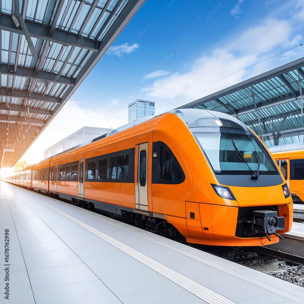 Naklejka premium Modern orange train at station under a sunlit sky
