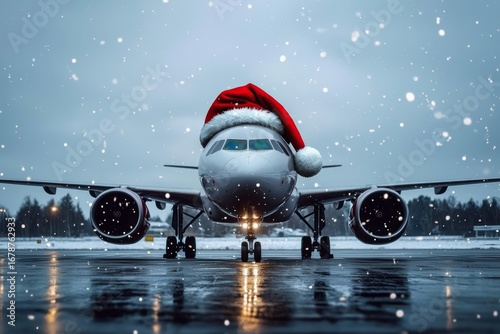 Seasonal travel takes flight with a cheerful airplane dressed for Christmas.