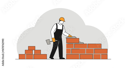 Construction Worker Laying Bricks with Mortar and Trowel.