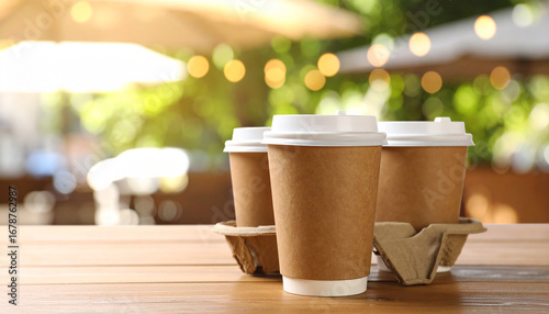cup of takeaway coffee on wooden table