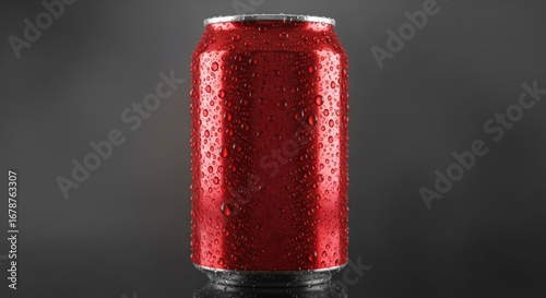 Wet red aluminum can with condensation against a gray blurry background