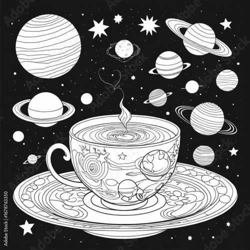 Minimilist stylized drawing of a teacup with planets and stars in a space themed black and white illustration vector