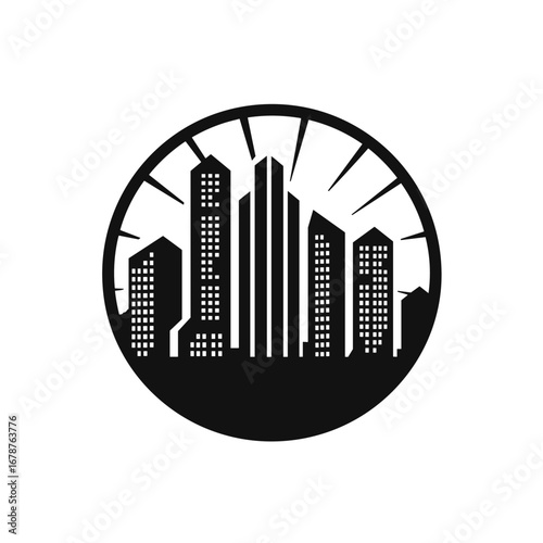 Modern city skyline silhouette inside a circle