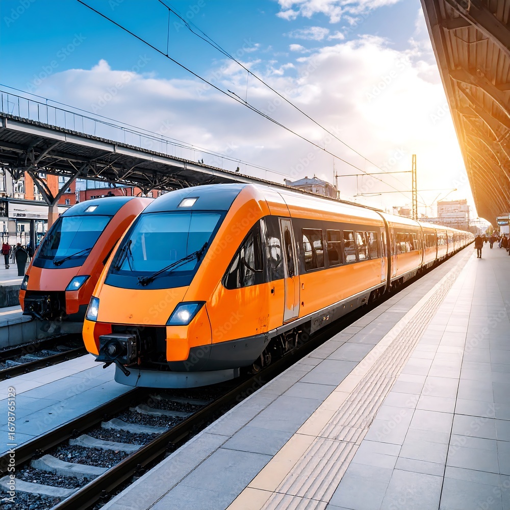 Naklejka premium Modern orange trains at a station in daylight
