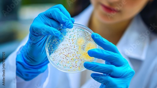 Laboratory scene featuring a researcher with protective gloves and a petri dish.
